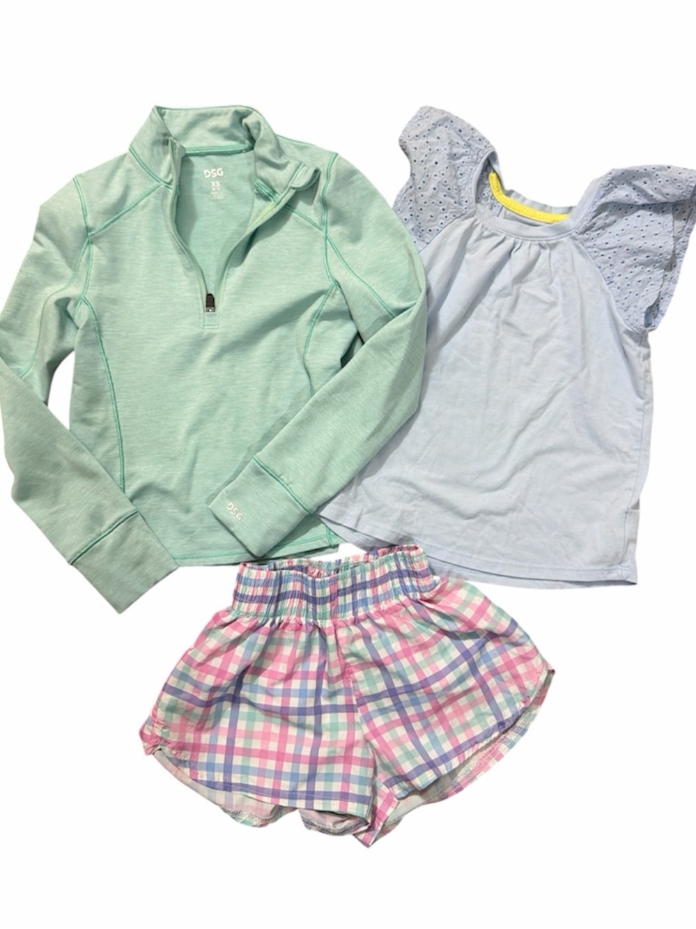 NWOT pastel gingham athletic shorts, mint quarter zip & blue flutter top 5/6